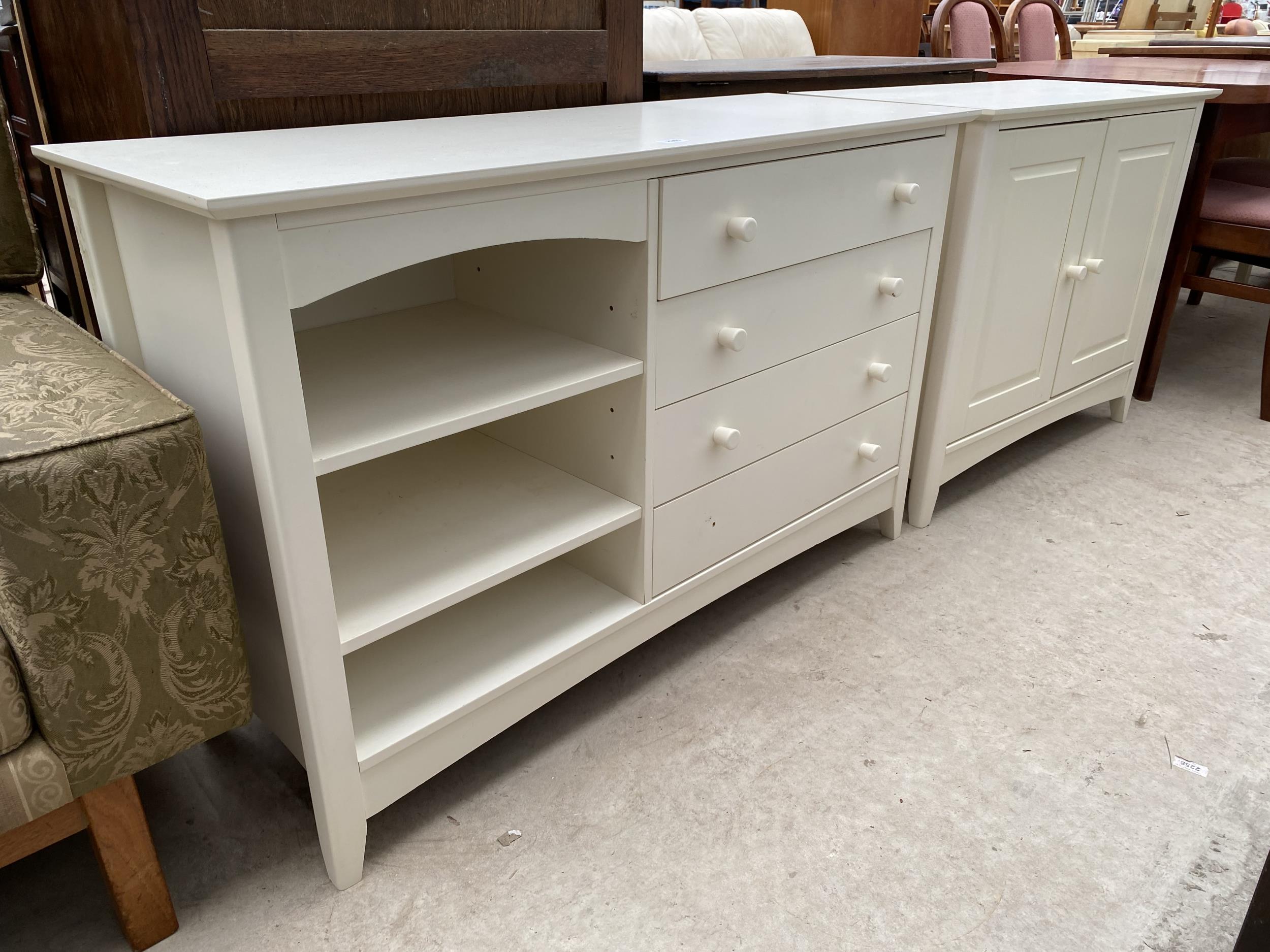 A MODERN WHITE TWO DOOR CABINET AND MATCHING CHEST OF FOUR DRAWERS WITH OPEN SIDE SECTION - Image 2 of 2