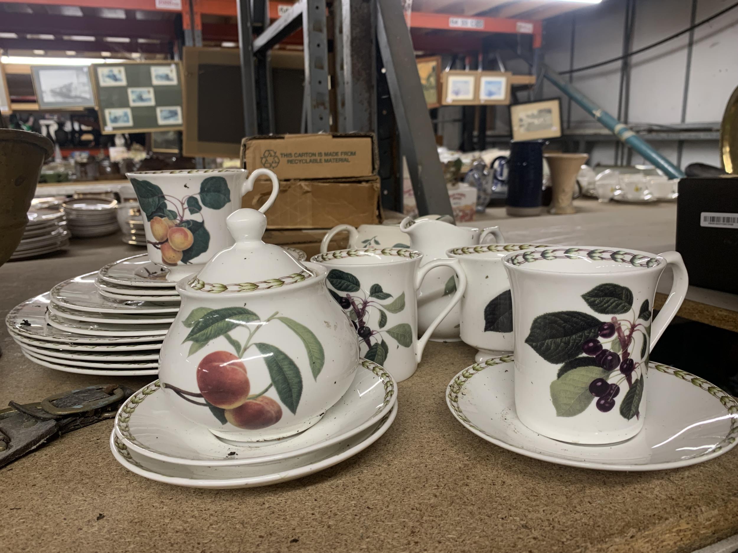 A QUANTITY OF CERAMICS WITH FRUIT DESIGN TO INCLUDE CUPS, SAUCERS, PLATES, JUGS AND A SUGAR BOWL