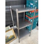 A THREE TIER STAINLESS STEEL KITCHEN SHELVING UNIT