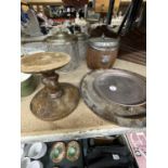 A QUANTITY OF TREEN ITEMS TO INCLUDE AN ICE BUCKET, BOWL AND BARLEY TWIST CANDLESTICK PLUS TWO GLASS