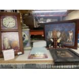 A QUANTITY OF CAT RELATED ITEMS TO INCLUDE A CLOCK, LANTERN, BOOKENDS, STAINED GLASS PANORAMA, ETC