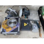 AN ASSORTMENT OF TOOLS TO INCLUDE TWO RIP SAWS, BLADES AND COMPRESSOR FITTINGS ETC