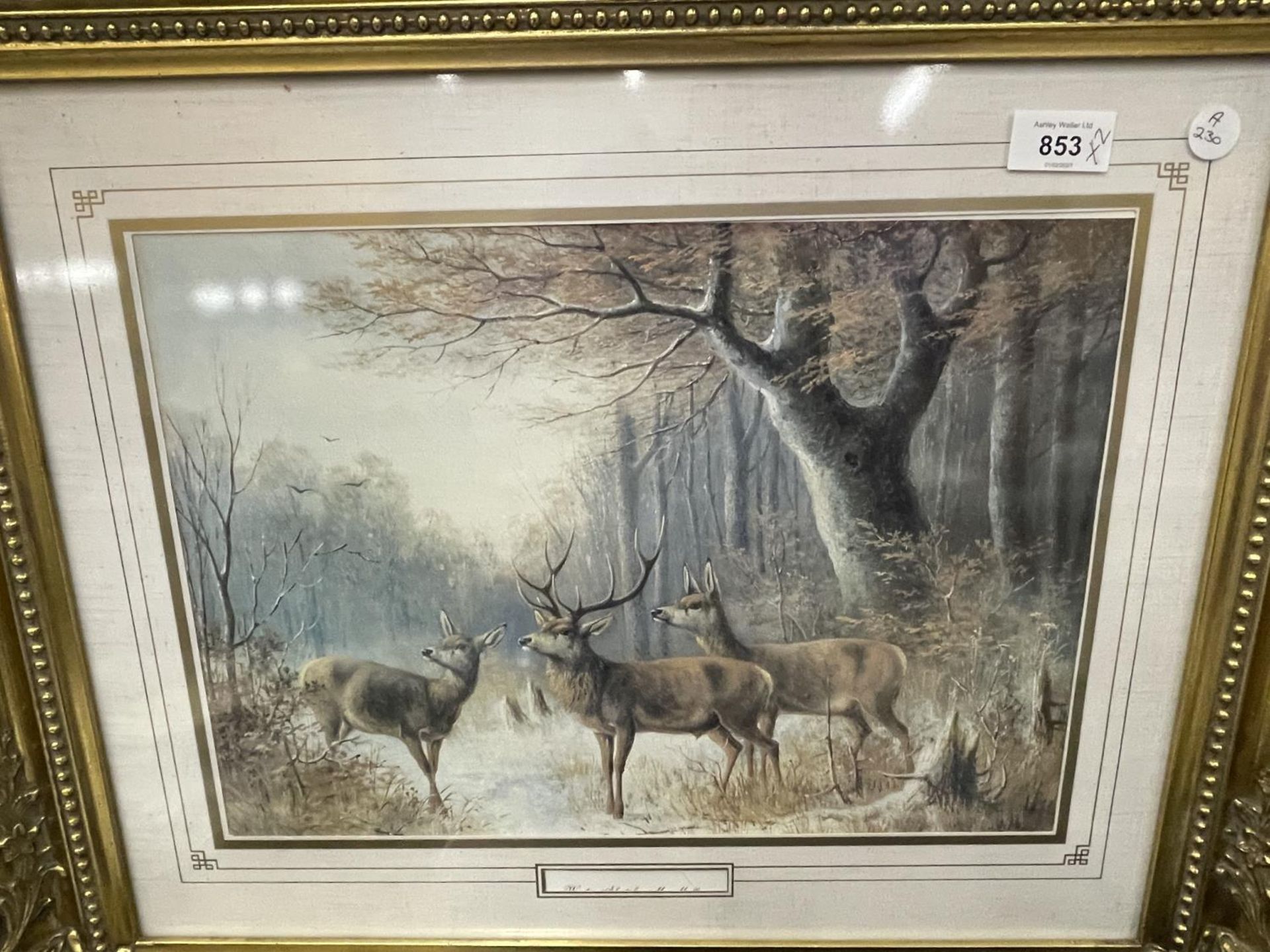 TWO GILT FRAMED PRINTS ONE OF DEER IN A WOODLAND SETTING, THE OTHER A HUNTING SCENE - Image 3 of 3