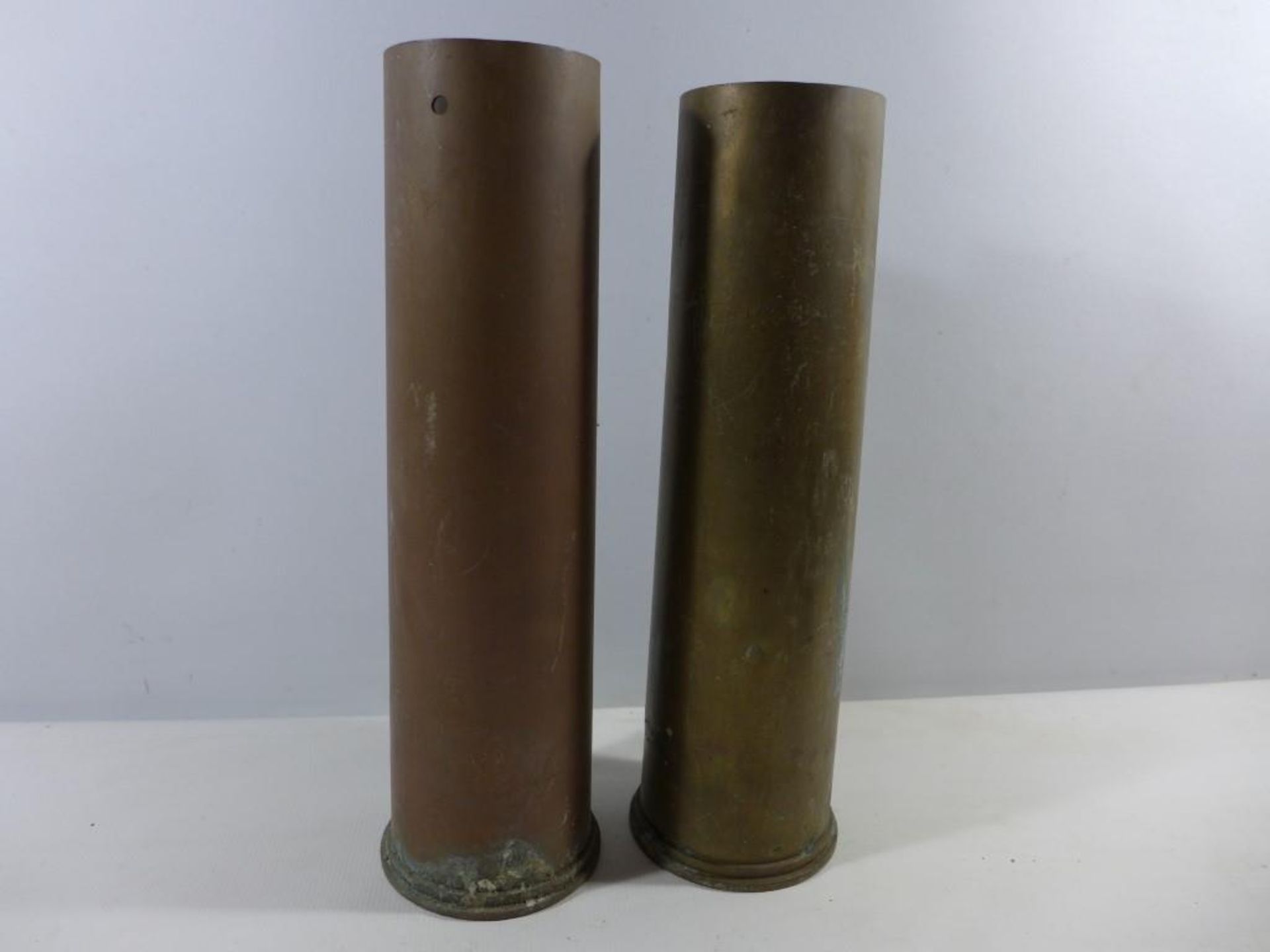 TWO LARGE BRASS SHELL CASES, HEIGHTS 44 AND 45CM