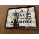 A VINTAGE STYLE WOODEN FRAMED PUB ADVERTISING MIRROR