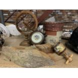 A TERRESTIAL GLOBE, STORAGE BOX, BAROMETER, WOODEN PARROT, ETC