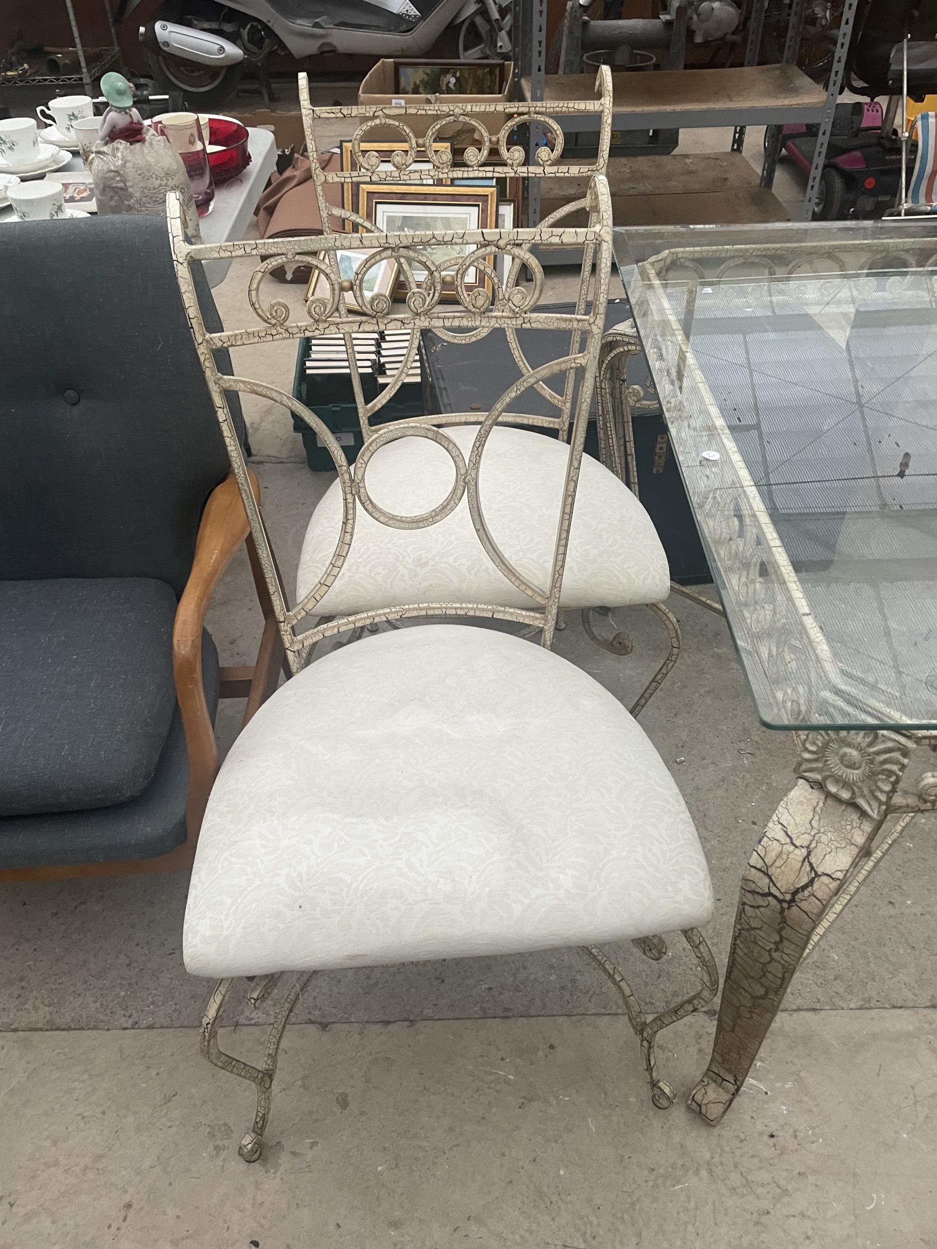 A METALWARE FRAMED GLASS TOP DINING TABLE WITH CRACKLE WARE DECORATION, FOUR MATCHING CHAIRS AND A - Image 10 of 12