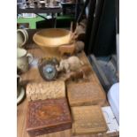 A QUANTITY OF TREEN ITEMS TO INCLUDE BOXES, A LARGE BOWL, ANIMALS, ETC