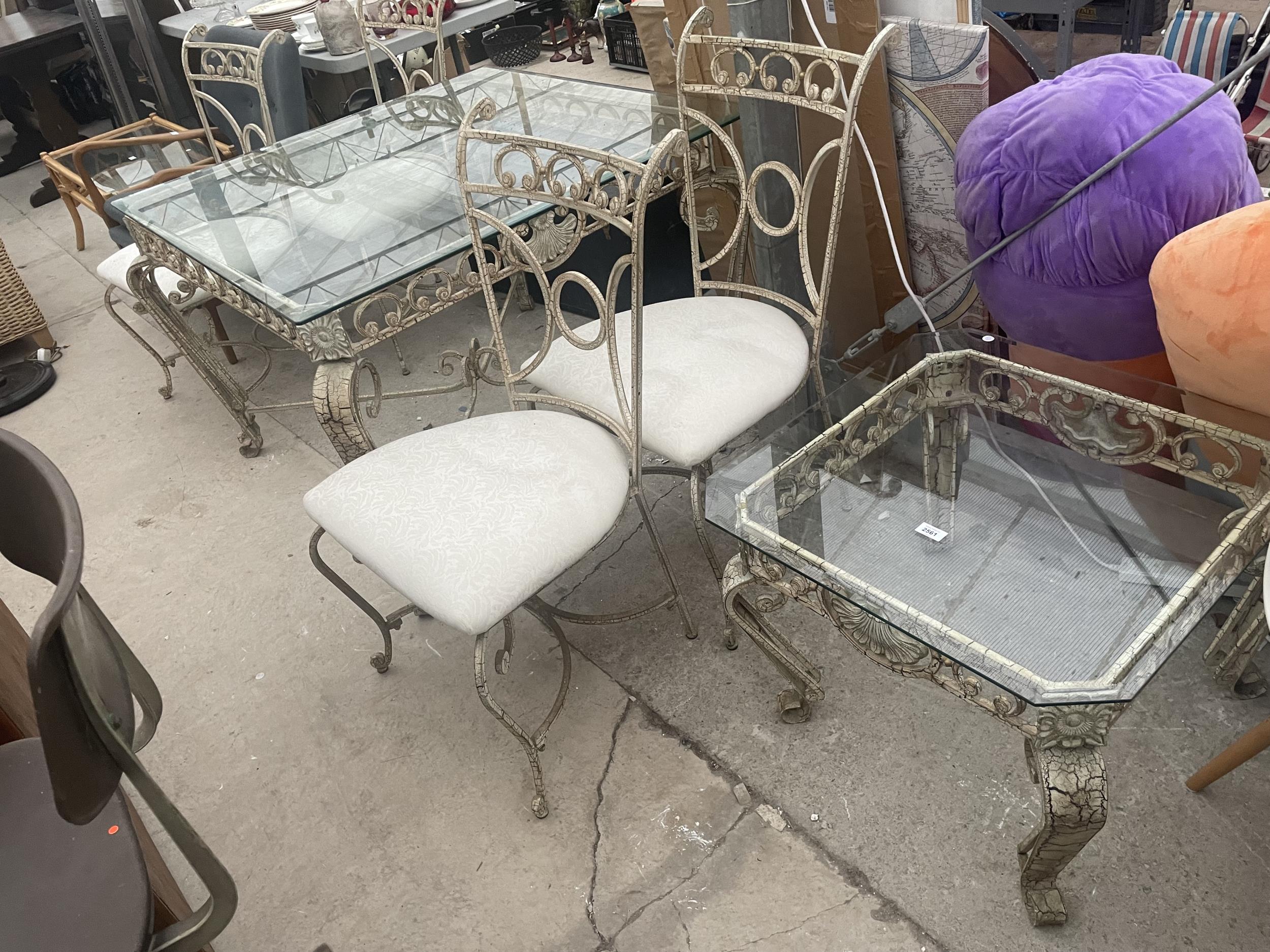 A METALWARE FRAMED GLASS TOP DINING TABLE WITH CRACKLE WARE DECORATION, FOUR MATCHING CHAIRS AND A