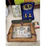 AN ASSORTMENT OF ITEMS TO INCLUDE FRAMED FISHING ITEMS AND A PLATED CRUET SET ETC