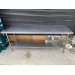 A STAINLESS STEEL TWO TIER KITCHEN UNIT (L:213CM)