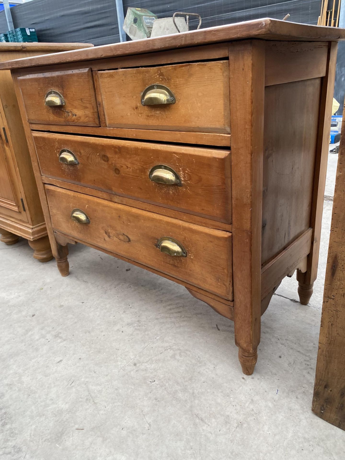 A VICTORIAN PINE CHEST OF TWO SHORT AND TWO LONG DRAWERS WITH BRASS SCOOP HANDLES, 35" WIDE - Image 2 of 3