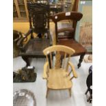 A GROUP OF THREE VINTAGE DOLLS CHAIRS TO INCLUDE MAHOGANY & GOTHIC CARVED EXAMPLE, TALLEST 52CM