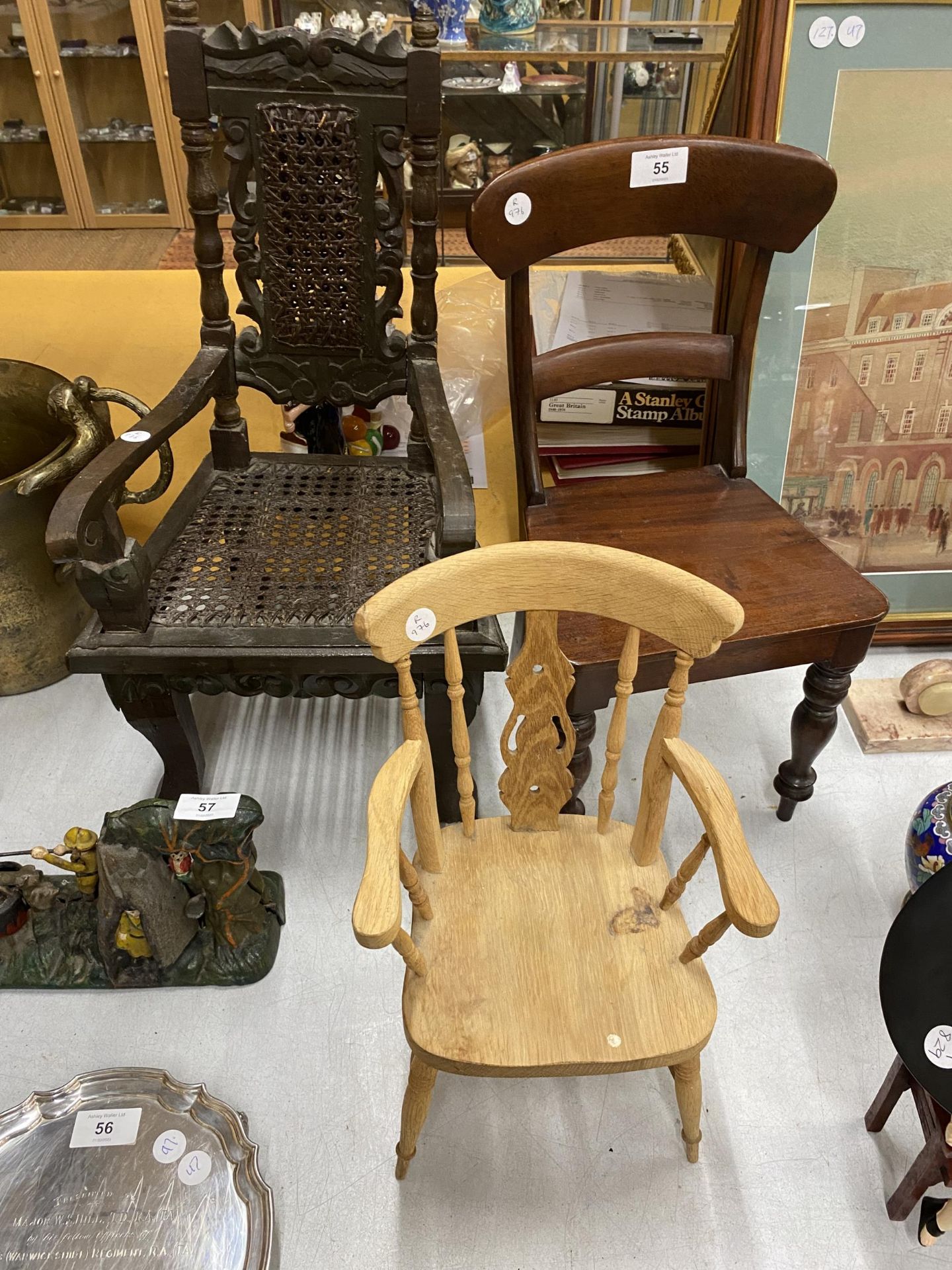 A GROUP OF THREE VINTAGE DOLLS CHAIRS TO INCLUDE MAHOGANY & GOTHIC CARVED EXAMPLE, TALLEST 52CM