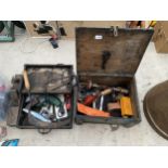 TWO VINTAGE WOODEN TOOL CHEST CONTAINING AN ASSORTMENT OF TOOLS TO INCLUDE BRACE DRILLS, A RASP