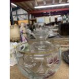 A GLASS BOWL, VASE AND JUG WITH ETCHED FLORAL DECORATION