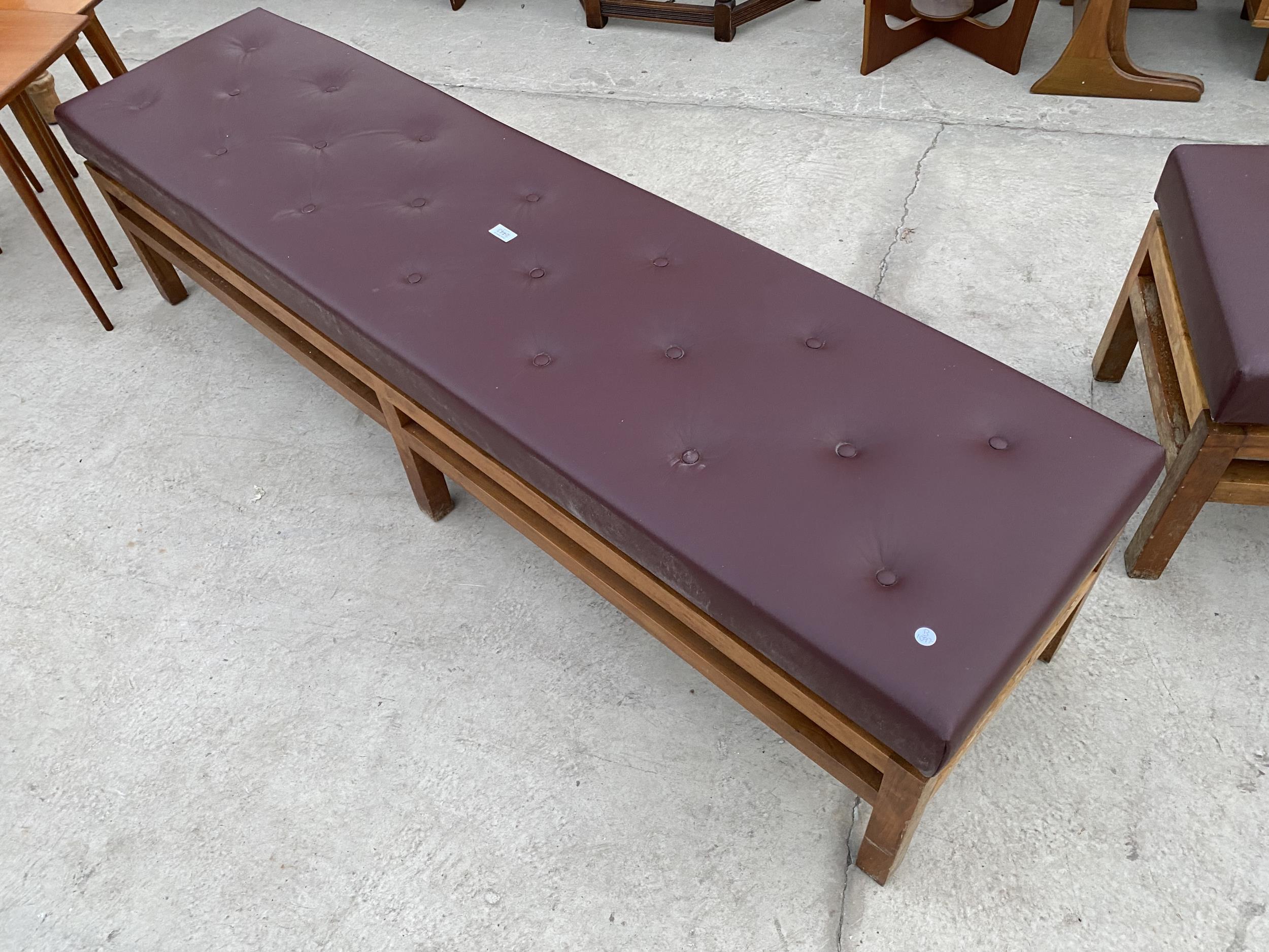 A RETRO TEAK LONG BENCH, 72X18", WITH BUTTONED TOP - Image 2 of 3