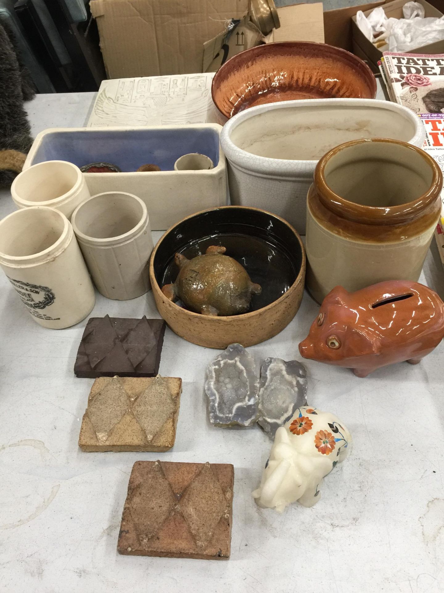 A LARGE QUANTITY OF STONEWARE ITEMS TO INCLUDE MARMALADE POTS, PLANTERS, BOWLS, FIGURES, INLAID