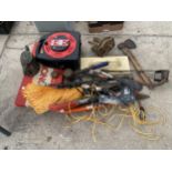 AN ASSORTMENT OF TOOLS TO INCLUDE A VICE, AN AXE AND AN EXTENSION LEAD ETC