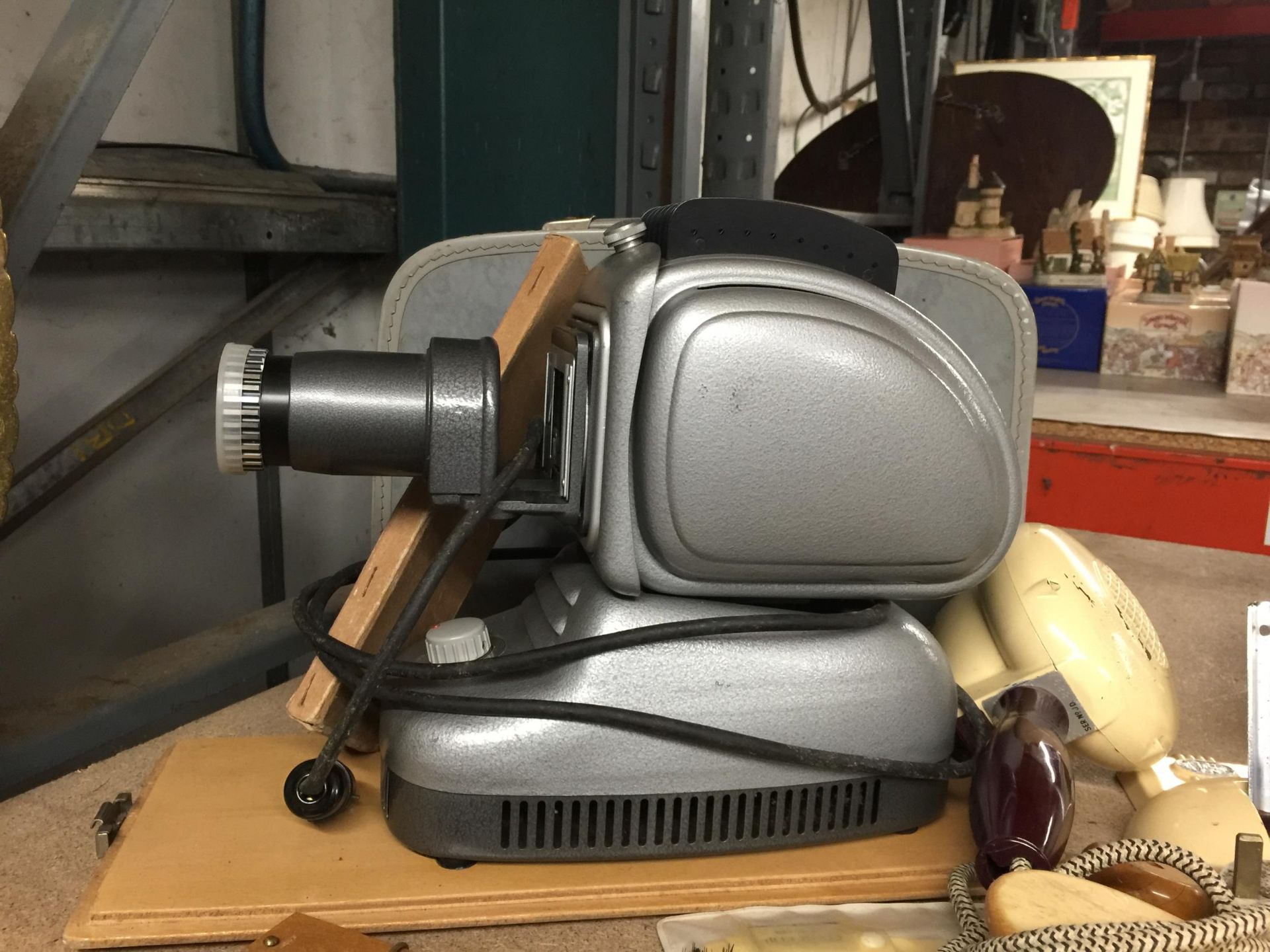 A VINTAGE PLANK PROJECTOR IN CASE, HMV HAIRDRYER AND STAND, BRUSHES, ETC - Image 2 of 3