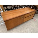 A RETRO TEAK SIDEBOARD ENCLOSING TWO DRAWERS AND CUPBOARD, 49" WIDE