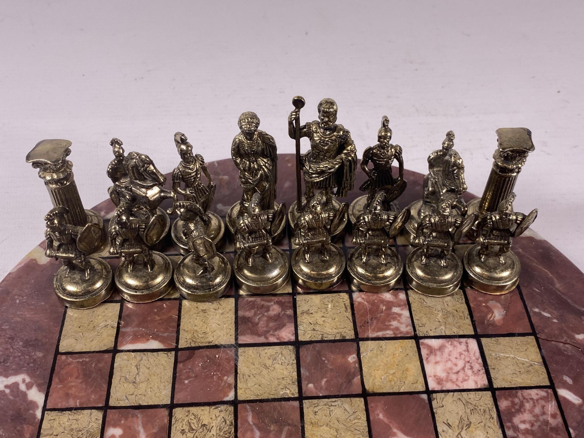 A METAL WARRIOR CHESS SET ON MARBLE BASE, BOARD DIAMETER 26CM - Image 3 of 3