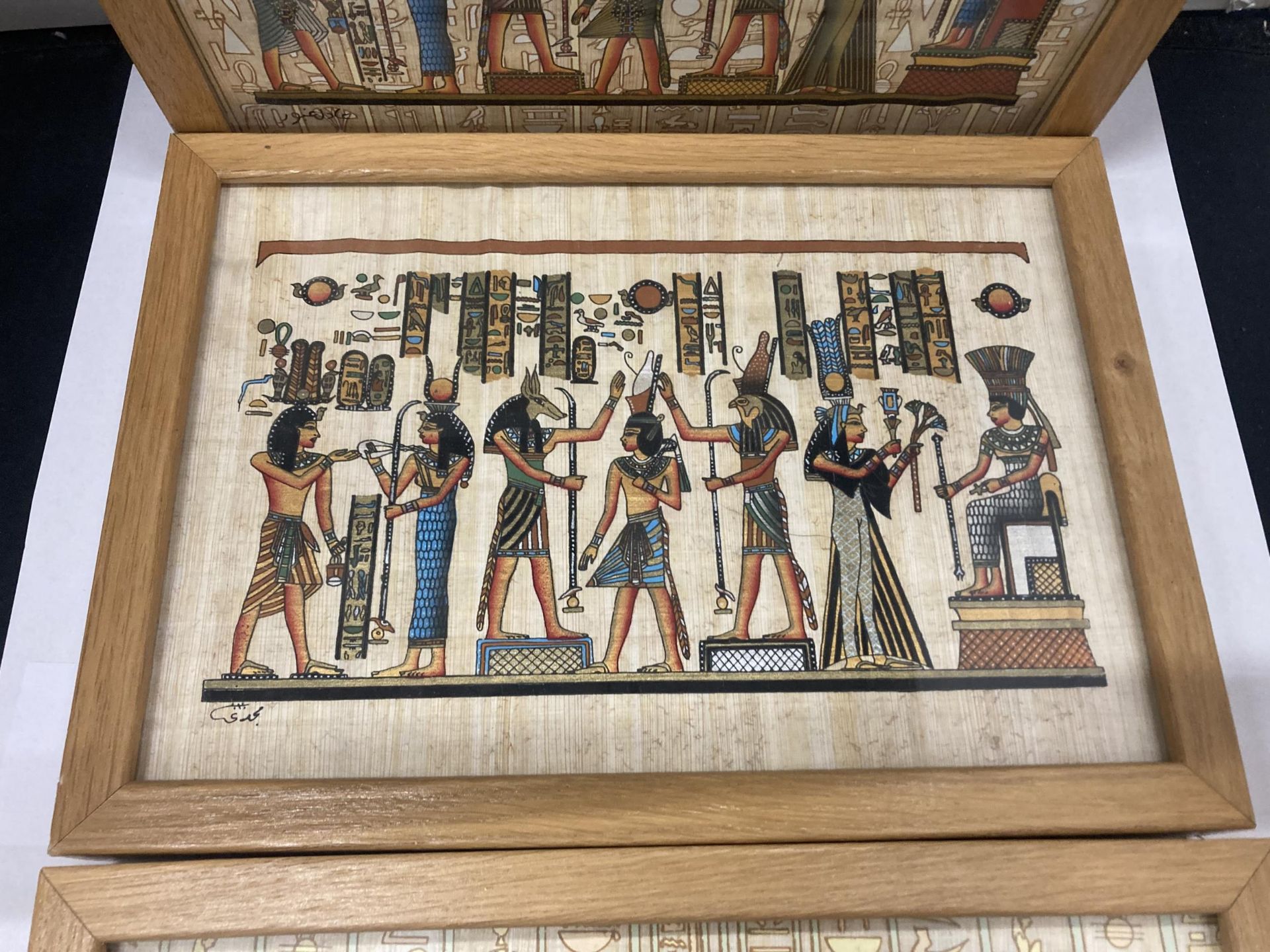 THREE FRAMED EGYPTIAN PRINTS ON PAPYRUS - Image 3 of 4