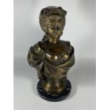 A REPRODUCTION BRONZE BUST OF A MAIDEN ON MARBLE BASE, SIGNED LECOMTE, HEIGHT 36CM