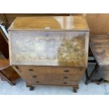 A MID 20TH CENTURY WALNUT BUREAU ON CABRIOLE LEGS, WITH BALL AND CLAW FEET, 30" WIDE