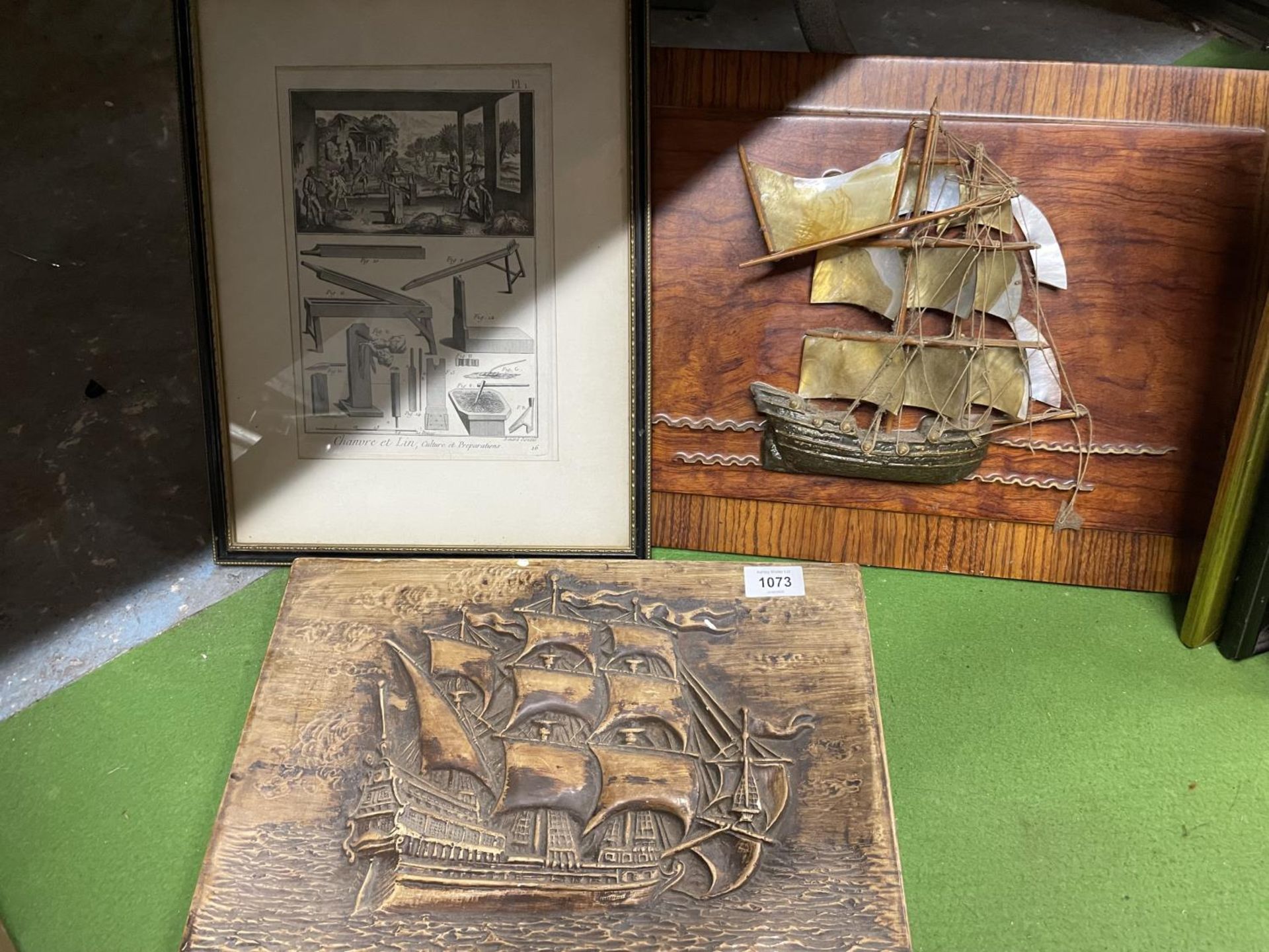 THREE PICTURES ONE WOOD BASED WITH RAISED SHIP