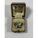 A VINTAGE CHESTER HALLMARKED SILVER AND ENAMEL BUTTERFLY BROOCH, BOXED