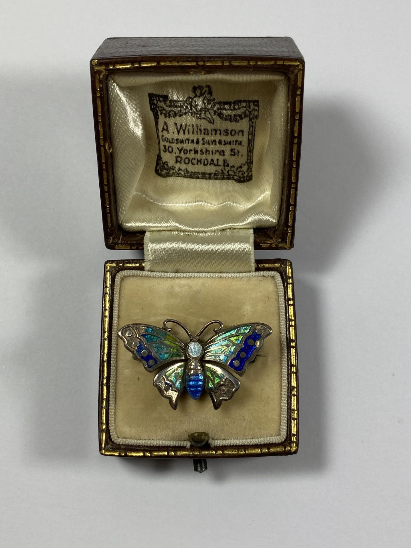 A VINTAGE CHESTER HALLMARKED SILVER AND ENAMEL BUTTERFLY BROOCH, BOXED