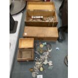 THREE VINTAGE BOXES CONTAINING A QUANTITY OF COSTUME JEWELLERY TO INCLUDE VINTAGE BROOCHES,