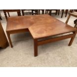 A RETRO TEAK F.F.CAFFRANCE COFFEE TABLE, 37.5" SQUARE, WITH STEPPED CORNER SECTION