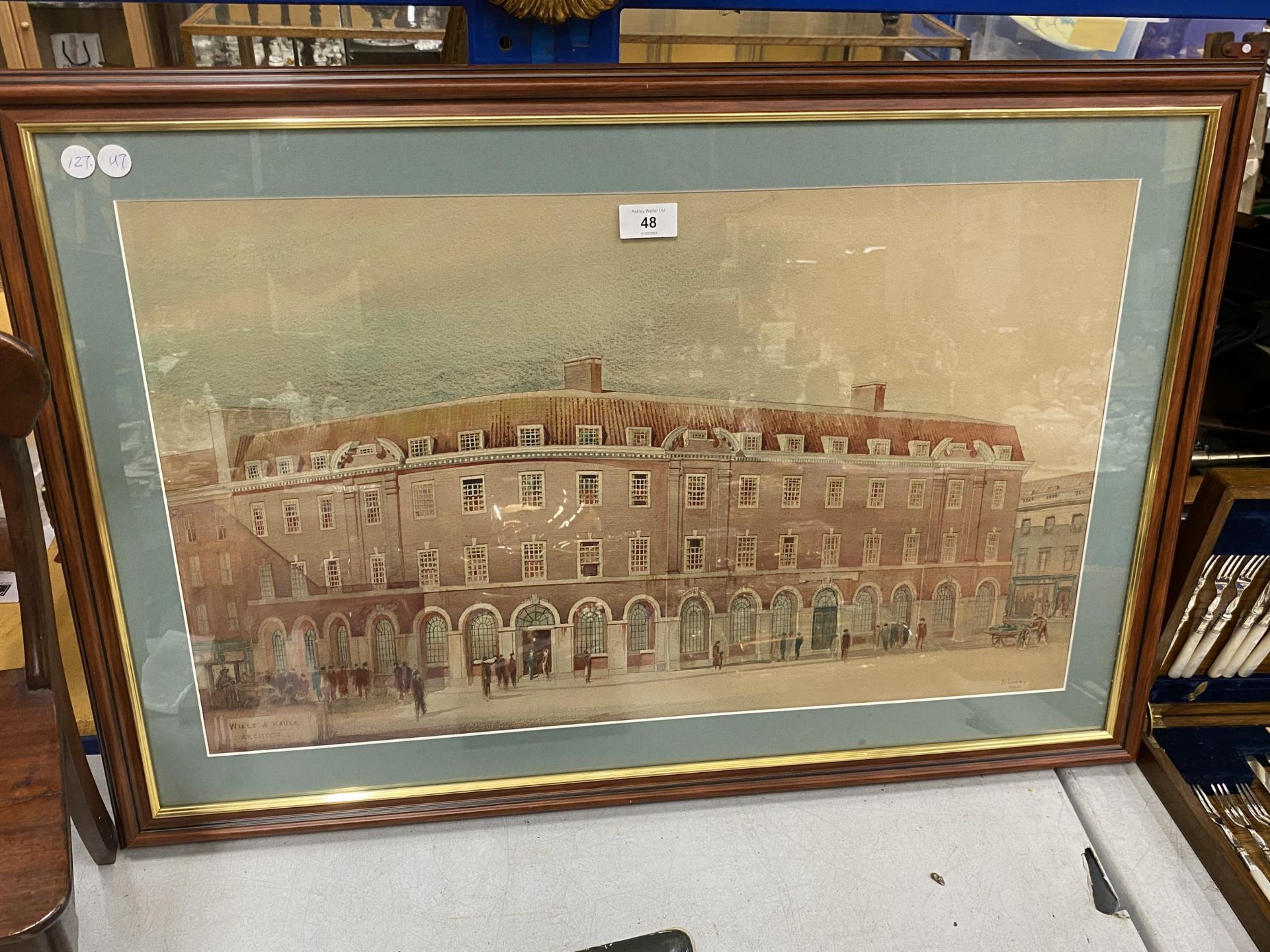 AN R.LOWRY SIGNED WATERCOLOUR OF WILLS & KAULA ARCHITECTS, 55 X 82CM