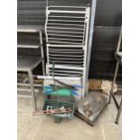 AN ASSORTMENT OF TOOLS TO INCLUDE A SEEDER, A KNEELER AND A BABY GATE ETC