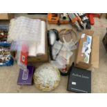 A LARGE ASSORTMENT OF ITEMS TO INCLUDE WALL PAPER, A GLASS SHADE AND TENNIS RACKETS ETC