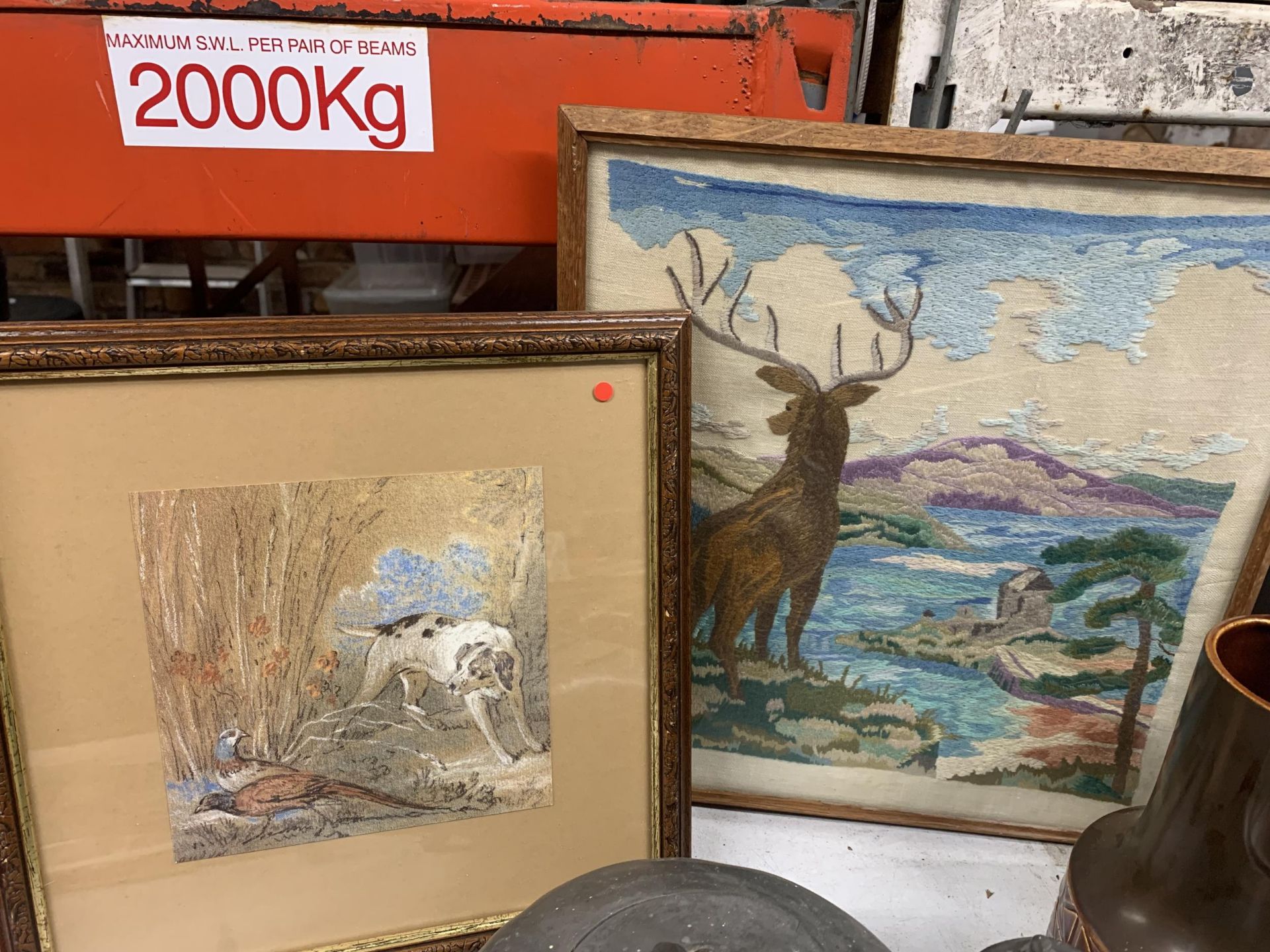 TWO FRAMED PRINTS AND A FRAMED TAPESTRY OF A DEER - 'A STUDY OF A HOUND STALKING A PHEASANT' AND '