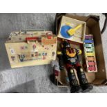 A BOX OF TOYS TO INCLUDE A FISHER PRICE PLAY FAMILY SCHOOL, RECORD PLAYER, RECORDER, ETC.,