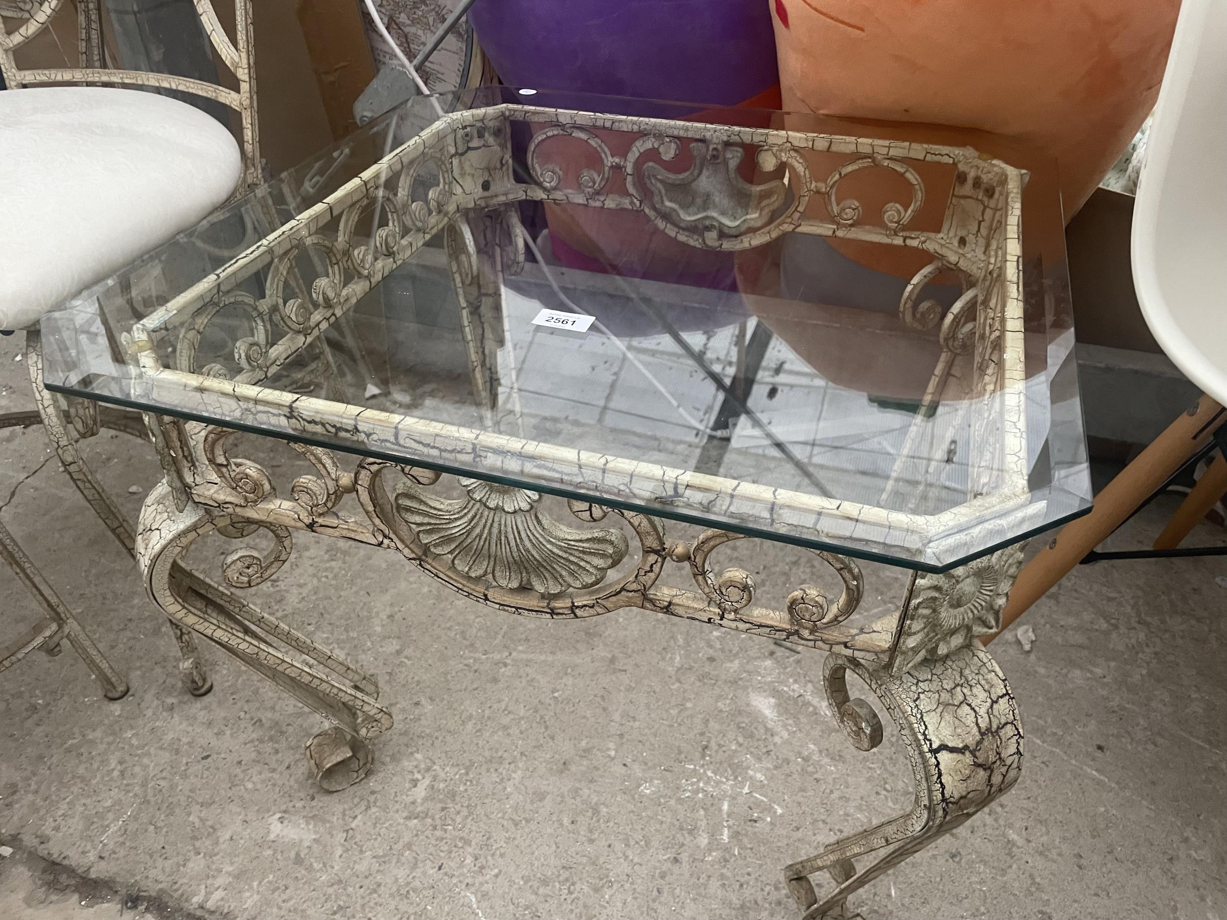 A METALWARE FRAMED GLASS TOP DINING TABLE WITH CRACKLE WARE DECORATION, FOUR MATCHING CHAIRS AND A - Image 2 of 12