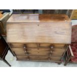 A GEORGE III MAHOGANY BUREAU WITH FITTED INTERIOR, TWO SHORT AND THREE LONG DRAWER, 42" WIDE