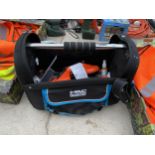 A MACALLISTER TOOL BAG AND AN ASSORTMENT OF TOOLS TO INCLUDE WINDOW GRIPPERS AND DRILL BITS ETC