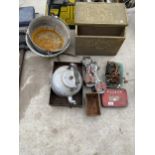 AN ASSORTMENT OF ITEMS TO INCLUDE A JAM PAN, A BRASS MAGAZINE RACK AND A KETTLE ETC