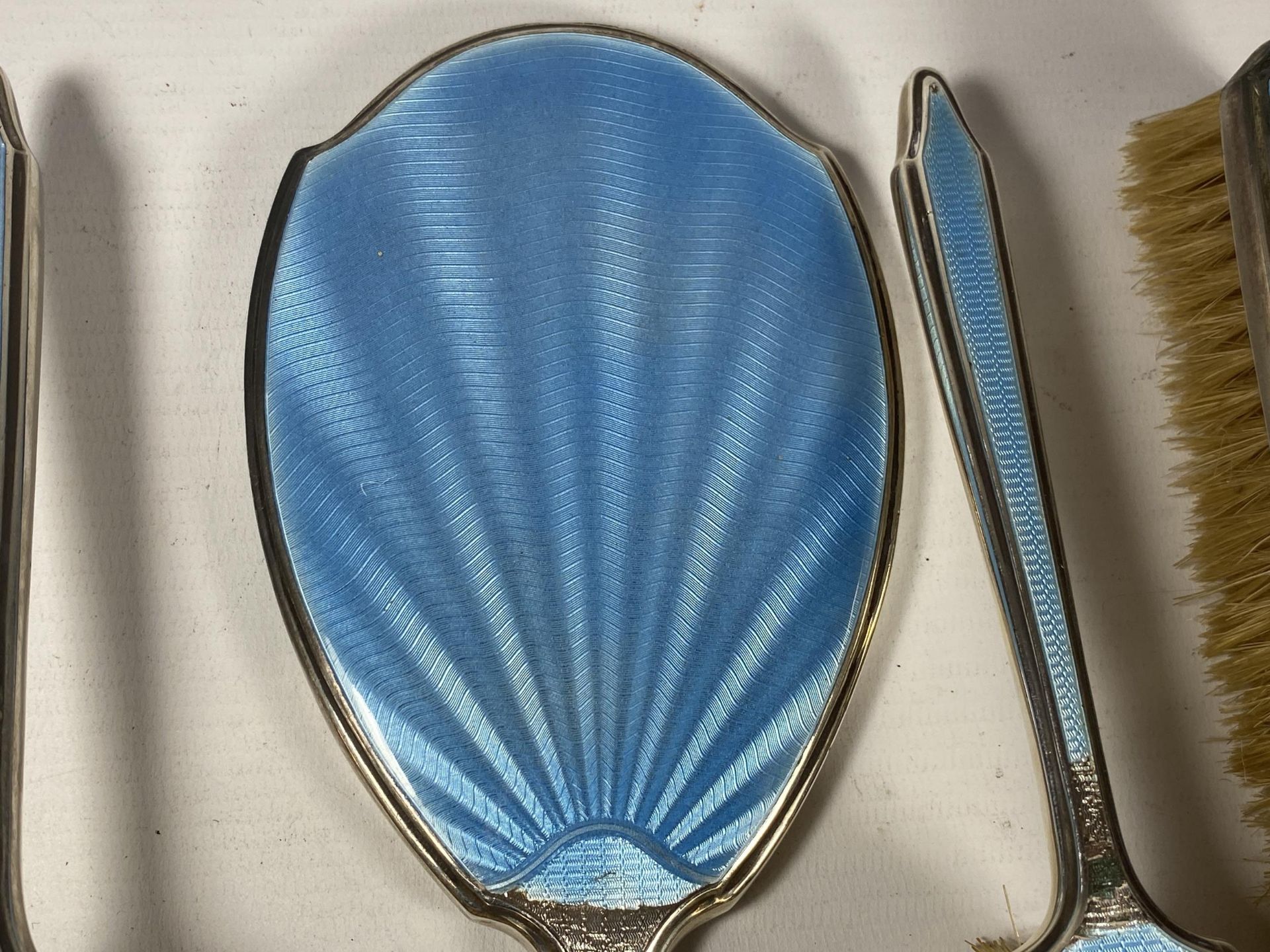 A FIVE PIECE HALLMARKED SILVER BACKED & BLUE GUILLOCHE ENAMEL DRESSING SET COMPRISING TWO HAIR - Image 3 of 9