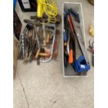 A LARGE ASSORTMENT OF HAND TOOLS TO INCLUDE HAMMERS, SAWS AND DRILL BITS ETC