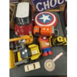 A QUANTITY OF CHILDREN'S TOYS TO INCLUDE A LARGE MINI CAR, TRUCKS, ETC