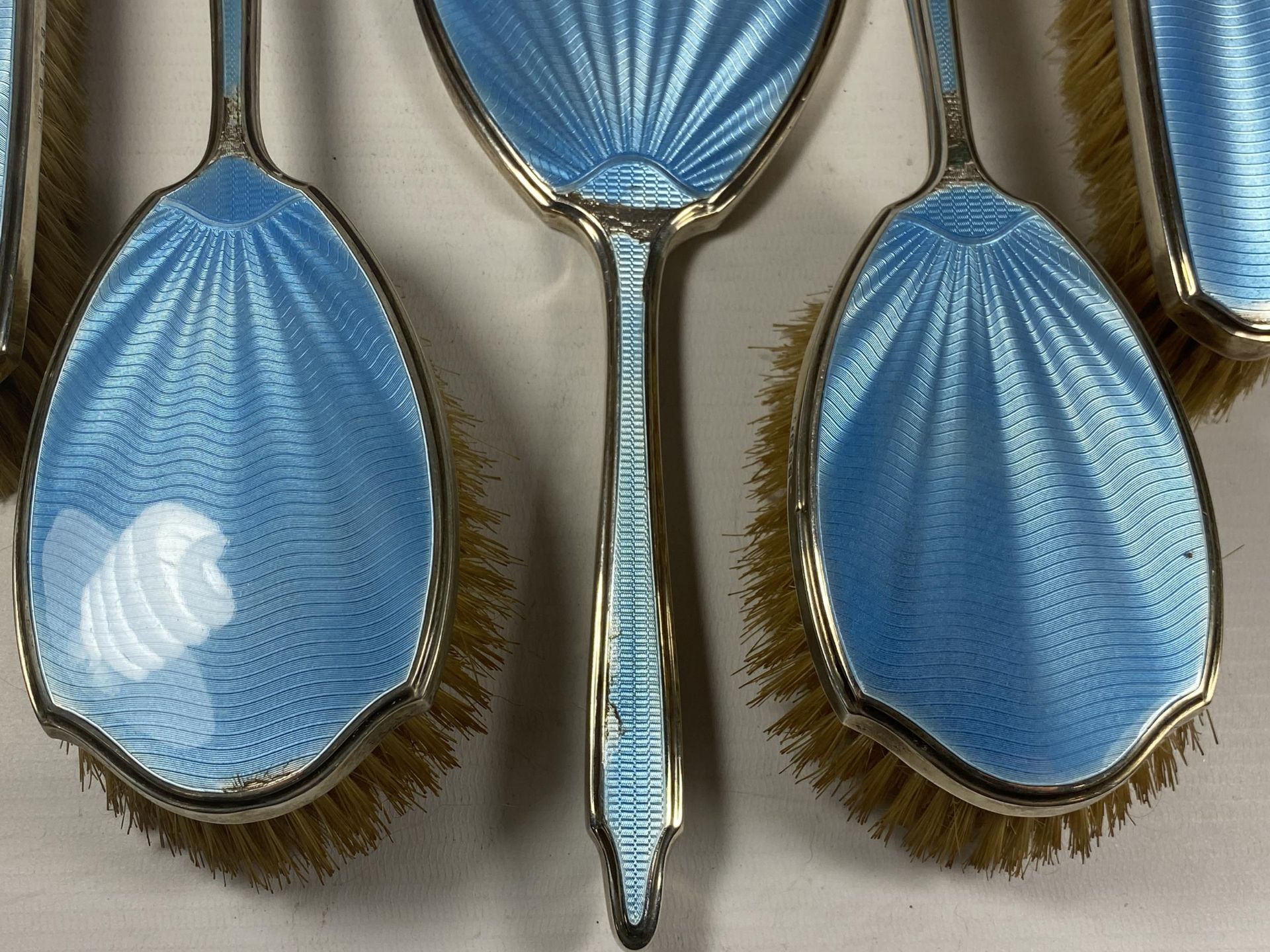 A FIVE PIECE HALLMARKED SILVER BACKED & BLUE GUILLOCHE ENAMEL DRESSING SET COMPRISING TWO HAIR - Image 2 of 9