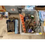 AN ASSORTMENT OF TOOLS TO INCLUDE A SAW, FOOT PUMP AND DRILL BITS ETC