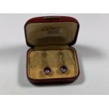 A PAIR OF YELLOW GOLD AND AMETHYST STONE EARRINGS, BOXED