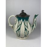 A VICTORIAN PEWTER LIDDED TEAPOT WITH WHEAT DESIGN, HEIGHT 20CM